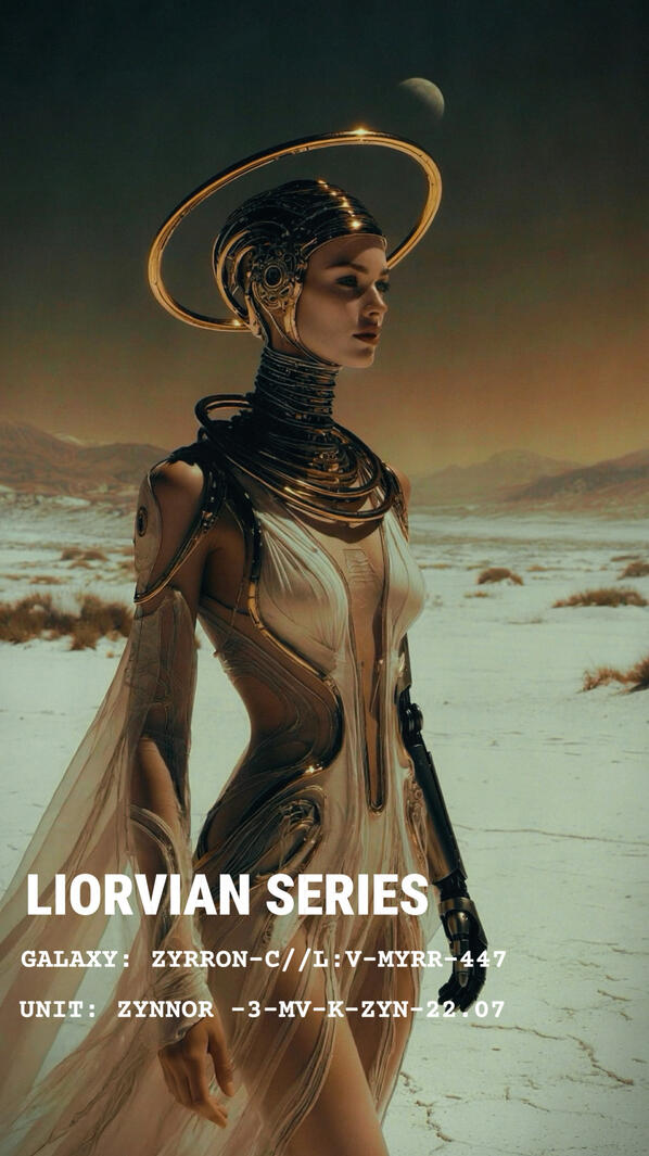 Cinematic sci-fi character design by Liorvian Studios, showcasing a flowing white and gold silk dress, a high metallic neck collar with a floating golden halo, and a dark mechatronic arm on a salt flat terrain under a crescent moon.