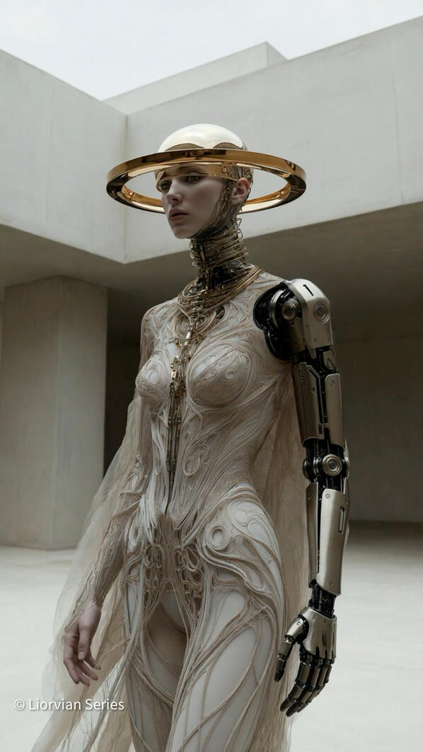Liorvian series speculative fashion: Mia in a flowing white and gold gown with a large single halo, posed in a minimalist concrete architectural space.