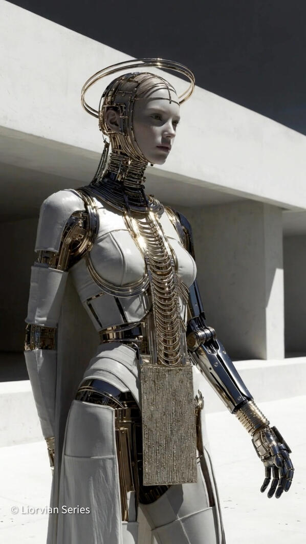 Liorvian Series — Mercury Sheath. Liquid silver mesh fused with gold orbital collars — the second skin of those who walk between worlds. Mia in the Liorvian series wearing a silver metallic mesh catsuit with elaborate gold neck rings and robotic arm, posed in modern concrete architectural setting.