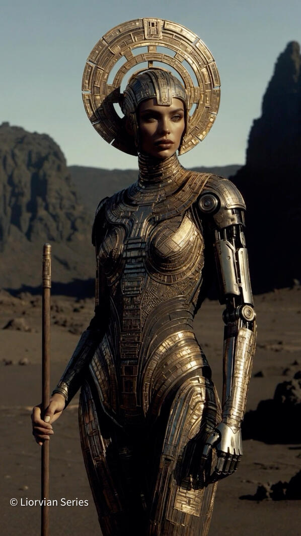Liorvian Series — Codex of the Ancients. Gold ritual armor carrying the memory of lost civilizations across the Liorvian galaxy. Liorvian series speculative fashion: Mia in Aztec-inspired gold and silver mechatronic armor holding a staff, in a rocky desert terrain with mountains.