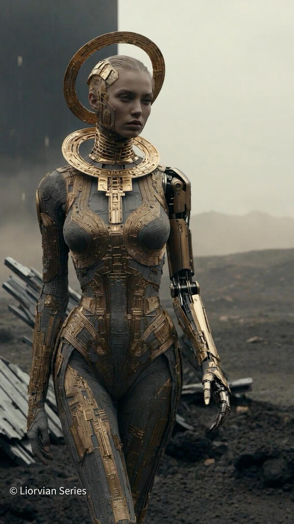 Liorvian series speculative fashion: Mia in gold and gray mechatronic armor with halo, standing in a dark volcanic desert landscape.