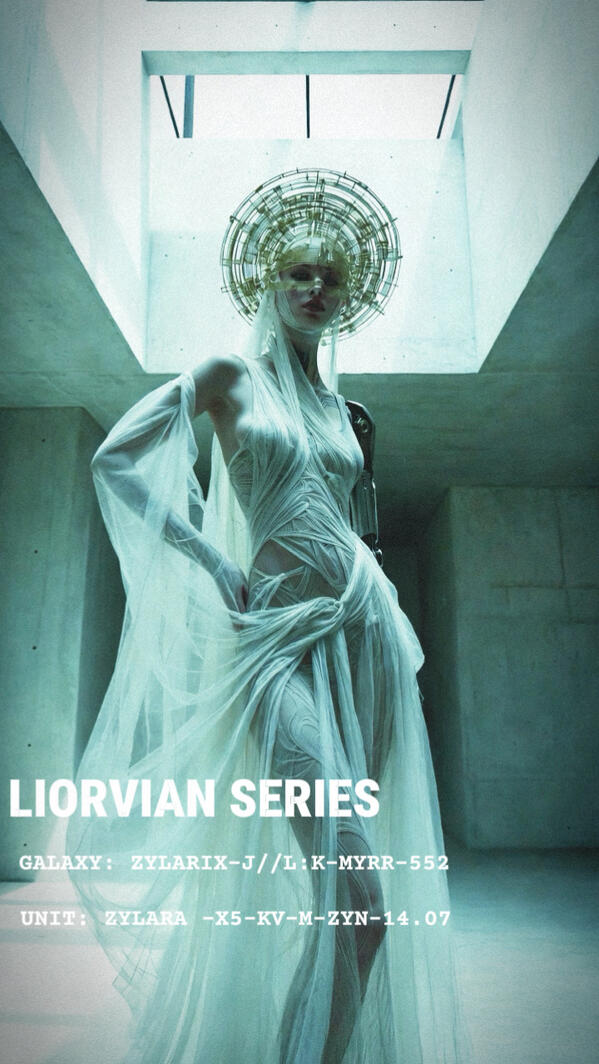 Cyber-noir concept art from the Liorvian Series by Liorvian Studios, featuring a female entity with a mechanical arm wearing an intricate gold halo-style headpiece and a flowing white sheer gown inside a brutalist concrete room.