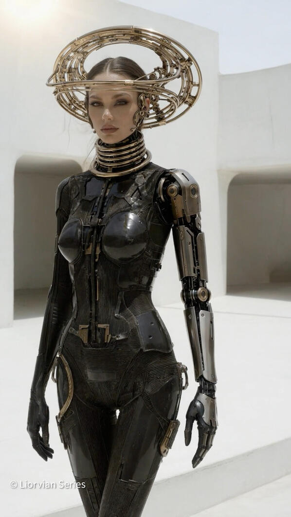 Liorvian series speculative fashion: Mia in a glossy black mechatronic catsuit with complex multi-ring halo, standing in modern architectural setting.