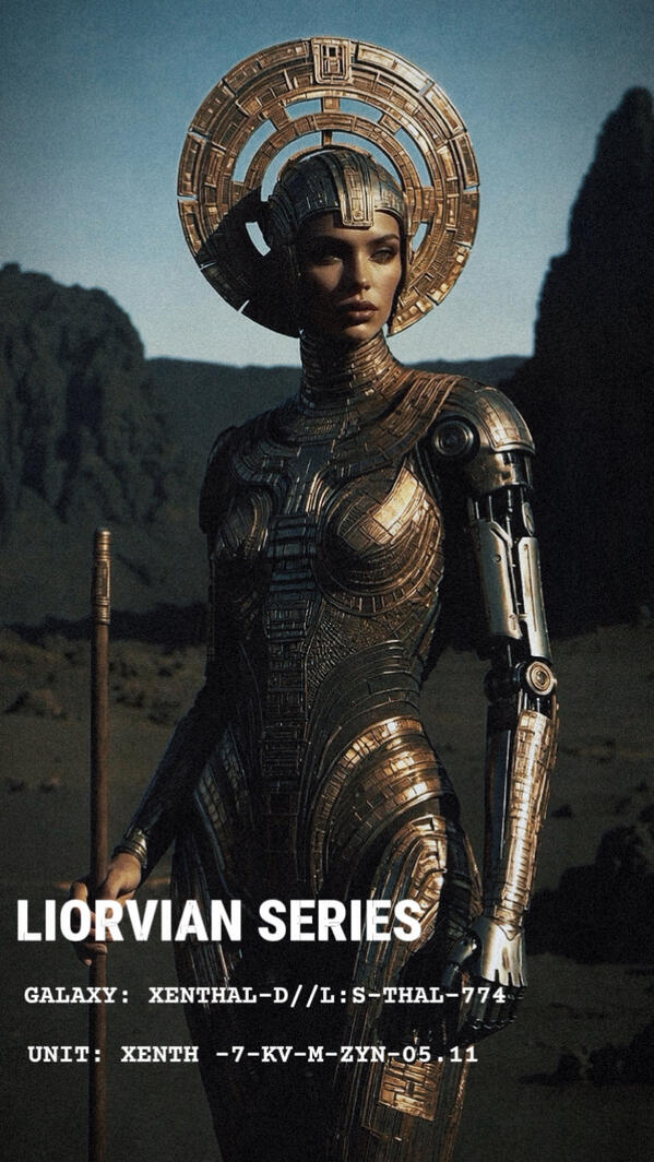 Sci-fi production design image from the Liorvian Series, showing a character in ornate gold and black textured body armor, a matching golden halo headdress, and a bionic arm standing in a desert wasteland.
