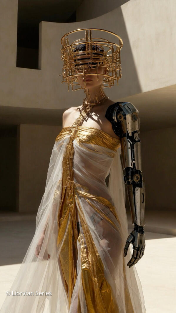 Liorvian series speculative fashion: Mia in a gold cage headpiece and sheer gold-and-white draped gown with robotic arm, in minimalist architecture.