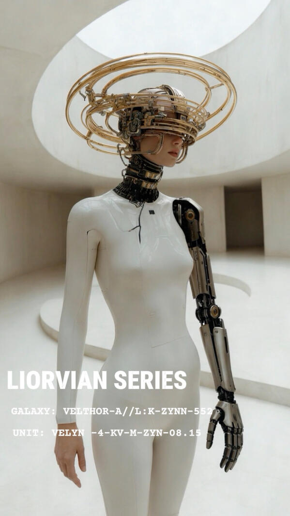 Liorvian Series by Liorvian Studios | Galaxy: VELTHOR-A | Unit: VELYN. Minimalist tech-noir aesthetic design by Liorvian Studios, featuring a model in a sleek white glossy bodysuit, an incredibly detailed mechanical arm, and an intricate brass orbital headpiece under a circular skylight.