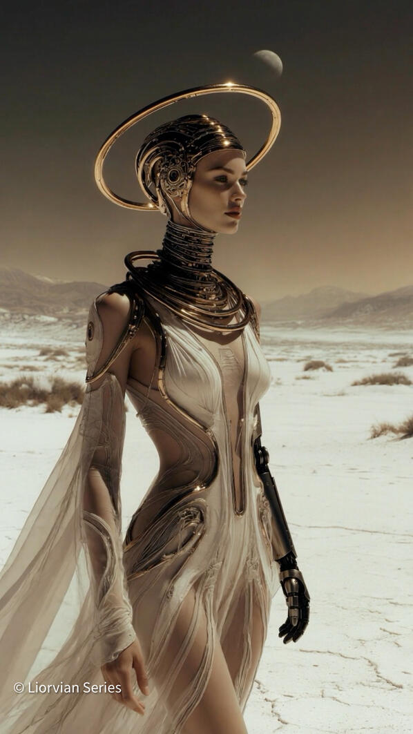 Liorvian Series — Lunar Communion. A white ritual form beneath the rings of Liorvia-7, where the halo becomes a second moon. Mia in the Liorvian series wearing a flowing white gown with halo and robotic arm, standing in a vast snowy desert landscape under a distant planet.