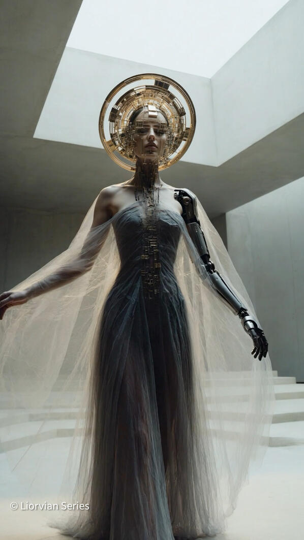 Liorvian series speculative fashion: Mia in a dark tulle gown with enormous intricate halo, arms outstretched in a concrete architectural atrium with skylight.