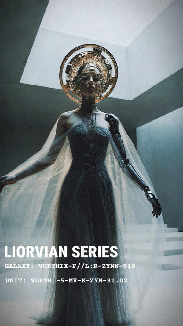 Liorvian Series by Liorvian Studios | Galaxy: VORTHIX-F | Unit: VORTH. Cinematic sci-fi portrait of a tech-noir character by Liorvian Studios and Mia Liorvian, showcasing a detailed robotic arm, a dark structured dress, and an layered gold celestial halo headdress under stark architectural lighting.
