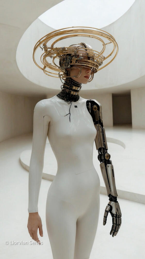 Liorvian Series — White Protocol. Pure form and orbital precision — the ceremonial uniform of those who have already transcended. Liorvian series speculative fashion: Mia in a white form-fitting catsuit with massive multi-ring halo, inside a futuristic circular architectural space.