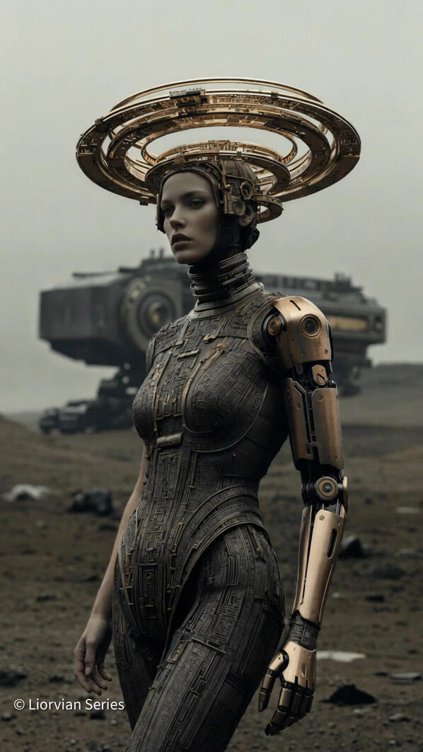 Liorvian series speculative fashion: Mia in dark mechatronic armor with large multi-ring halo, desert landscape with distant spaceship in background.