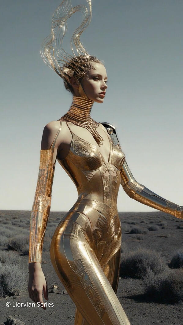 Mia in the Liorvian series wearing a full gold mechatronic suit with dramatic flowing headpiece, standing in a barren desert landscape.