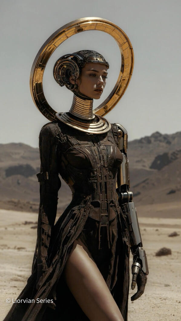 Liorvian Series — Desert Sentinel. Armor forged for the outer-rim dunes, where the halo marks both protector and pilgrim. Liorvian series speculative fashion: Mia in dark mechatronic armor with a large gold halo, standing in a vast desert landscape.