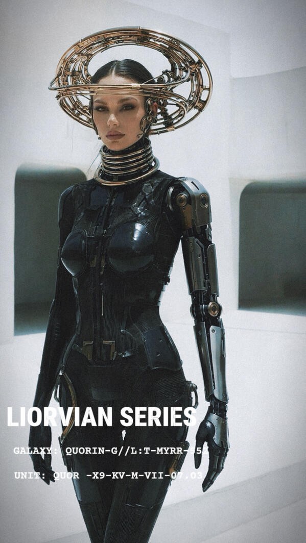 High-fidelity mechatronic design by Liorvian Studios, featuring a model in a glossy black sci-fi armor suit, a detailed metallic cybernetic arm, and a multi-tiered gold ring collar and headpiece.