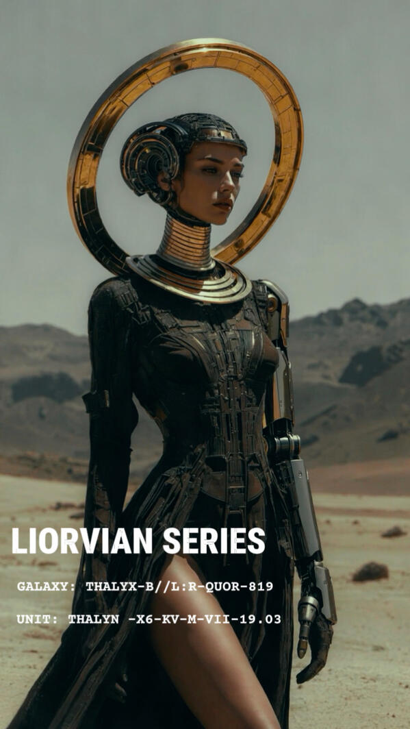 Editorial cyber-noir art by Mia Liorvian for Liorvian Studios, featuring a figure in a dark textured gown, an exaggerated gold ring halo, and a sleek metallic prosthetic arm against a barren desert backdrop.