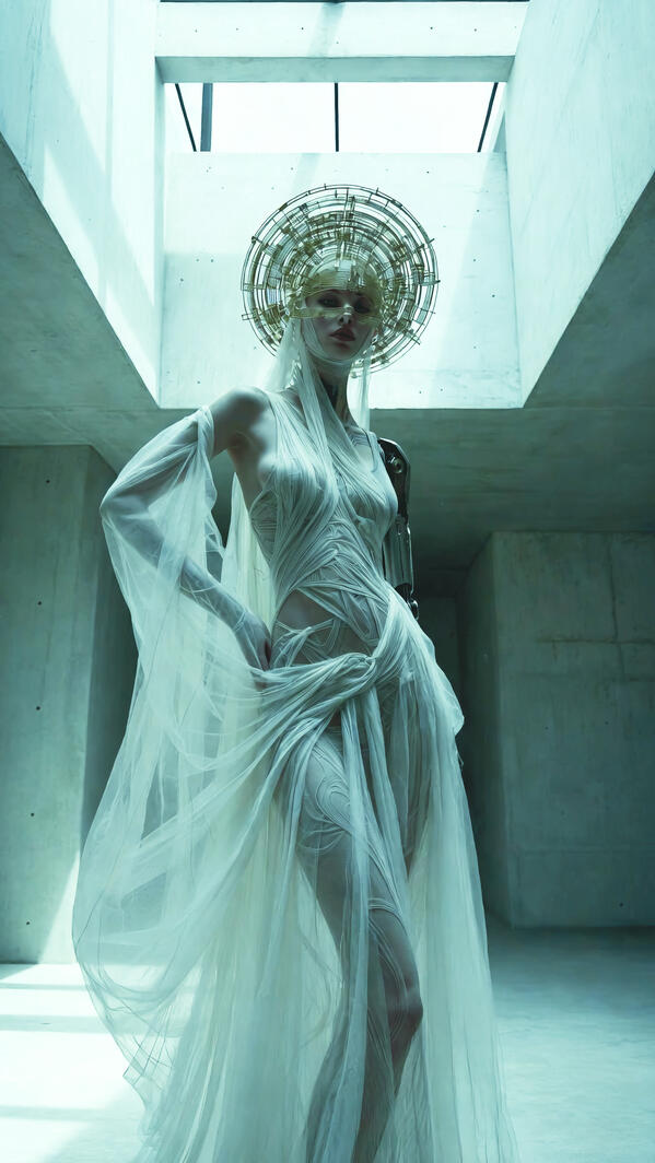 Mia Liorvian -L9RA Golden halo, flowing white drapery, and cold steel — heaven and technology in perfect harmony. Mia Liorvian stands in a bright, minimalist concrete architectural space with overhead natural light. She wears an elaborate flowing white sheer gown with intricate wrapping details and a large ornate golden circular headpiece resembling a futuristic halo.
