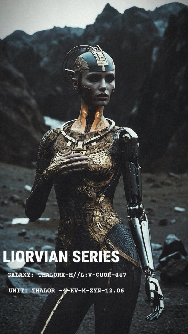 Liorvian Series by Liorvian Studios | Galaxy: THALORX-H | Unit: THALOR. Cyber-noir character archive by Mia Liorvian, displaying a biomechanical figure with gold-plated torso armor, a realistic mechatronic left arm, and an integrated metallic skull piece against a dark, rocky volcanic landscape.