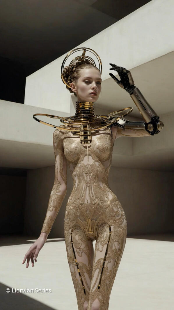 Liorvian Series — Invocation. Gold filigree and living circuitry — the gesture that summons the next phase of Liorvian evolution. Liorvian series speculative fashion: Mia in an ornate gold corset-style mechatronic gown with raised robotic arm and halo, in minimalist concrete architecture.